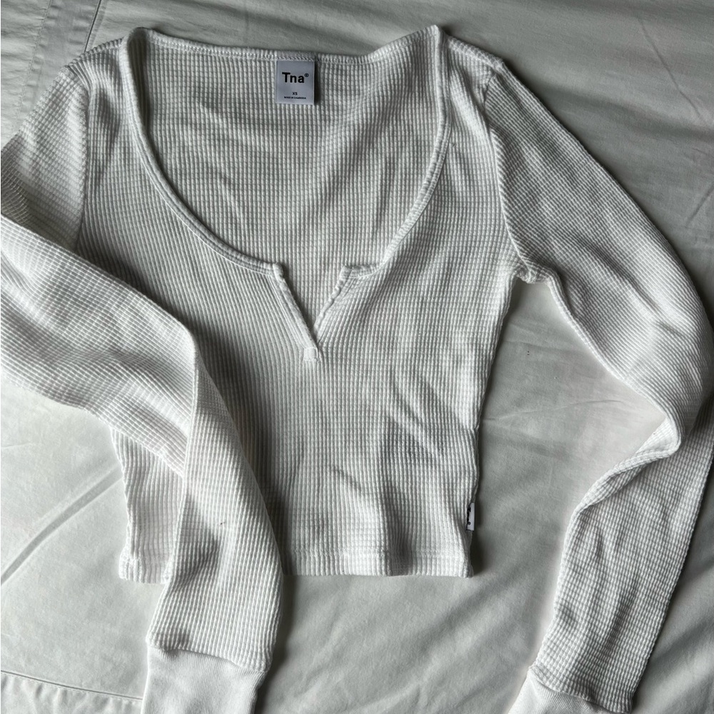 TNA White Fitted Ribbed Long Sleeve Blouse